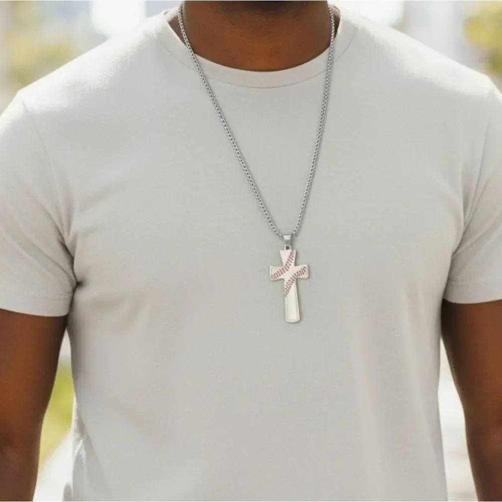 Baseball Cross Necklace Philippians 4:13 Stainless Steel 24